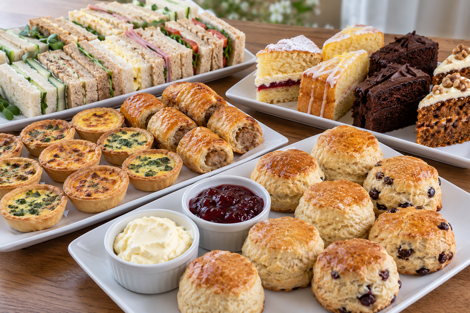 Afternoon tea with sandwiches, savouries, scones and cakes